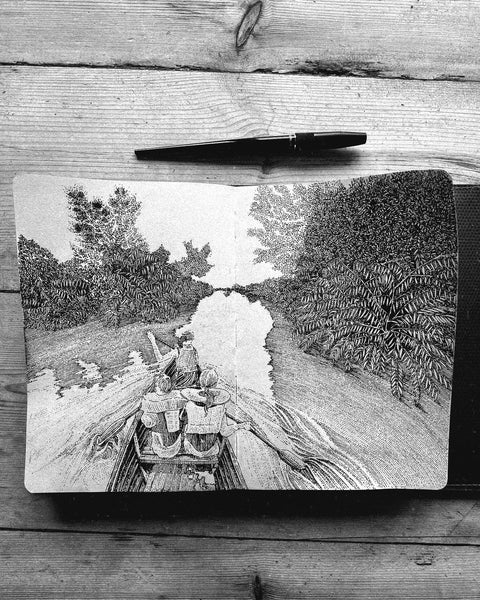 Pen and ink drawing of Grove Ferry Canoe trip